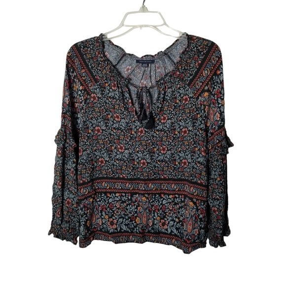 American Eagle Womens‎ Flowy Black Ruffle Sleeve Tassel Peasant Blouse Top Small - Picture 4 of 13
